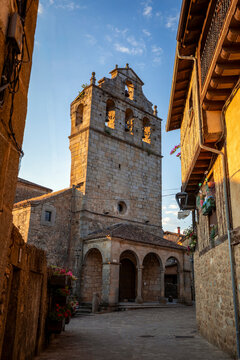 View of the bell tower of the parish church of San Mart&iacute;n in San Mart&iacute;n del Casta&ntilde;ar, Salamanca, Castile and Le&oacute;n.