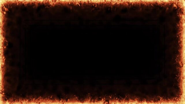 Intense animated burning fire frame border overlay on black background, ideal for dramatic video effects and creative motion graphics production