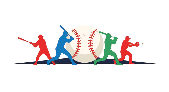 Colorful vector illustration featuring silhouettes of baseball players in batting and fielding poses positioned around a large baseball with red stitching on a white background.