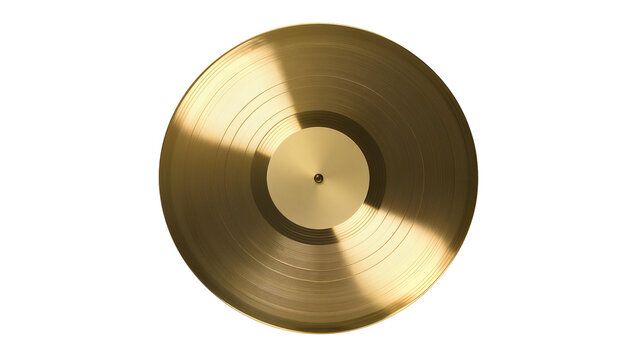 Shiny golden vinyl record with concentric grooves, isolated on transparent background