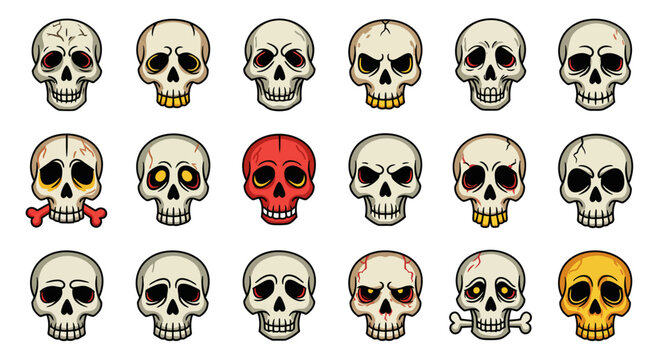 Vibrant cartoon skull vector set with diverse expressions, perfect for Halloween, danger warnings, or playful spooky designs. A collection of animated grimace and joyful skeletal head graphics
