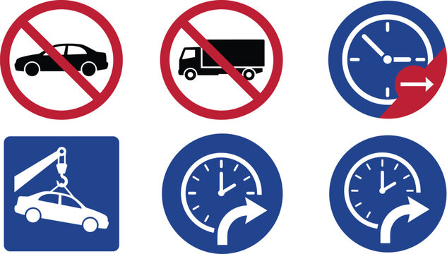 Traffic Regulation Sign Set with No Parking Prohibited Car Truck Tow Zone and Time Limit Clock Symbols for Road Safety and Transport Management