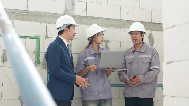 Construction engineers and a businessman reviewing digital plans on a laptop at an unfinished building, supporting project coordination and site management.