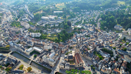 Fototapeta premium Aerial view of the old town above the city Tulle in France, on a sunny spring afternoon.