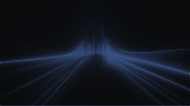 Abstract blue digital dot matrix background featuring a sound wave equalizer effect with glowing light rays, perfect for music visualization and high-tech data concepts.