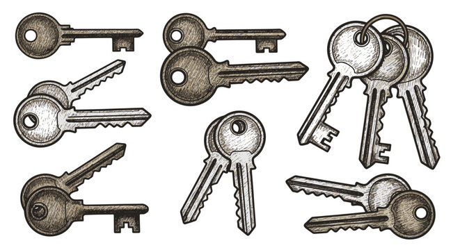 Hand-drawn vintage style key collection featuring various metallic door keys, house keys, and key rings in a rough cross-hatched sketch illustration on a white background.