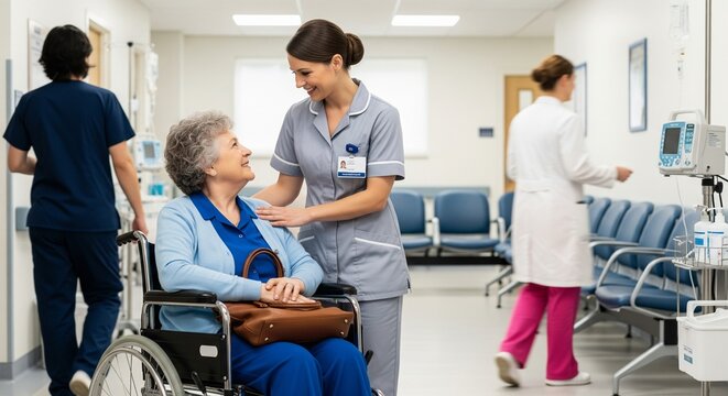 Caring nurse assists elderly woman in wheelchair in hospital hallway with medical equipment