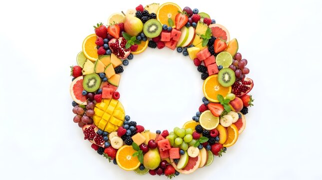 Fresh fruit arrangement in circular shape on white background healthy eating concept