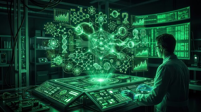 Man working on computer with green screen.