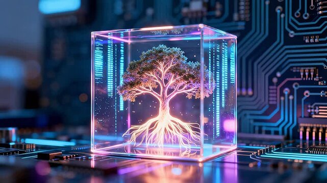 Tree in glowing cube with circuit board