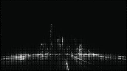 Monochrome halftone dot pattern creating a striking urban skyline silhouette on a black background, perfect for high-contrast technology graphics and modern design projects. © Master_BG