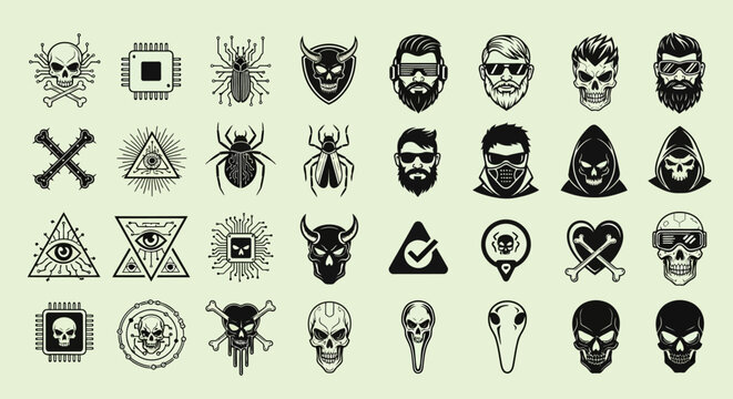 Collection of Monochrome Vector Icons Featuring Skulls Mystic Symbols Cybernetic Elements and Stylized Masculine Avatars