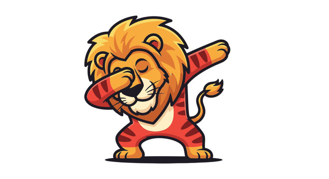 Vector illustration of a cartoon lion with a golden mane and orange striped body performing a dabbing dance move, isolated on a white background for sticker or mascot design.