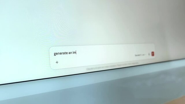 Computer screen shows a request being typed into an AI chat window asking to generate an image. Text appears character by character before the message sends. A user prompts artificial