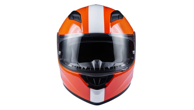 Orange and white racing helmet with clear visor, isolated on transparent background