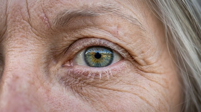 Close up of a senior woman's hazel eye showcasing wrinkles and detailed iris texture