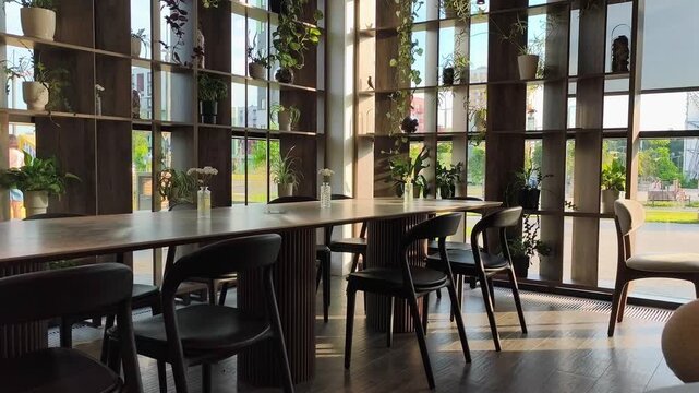 Modern apartment interior includes a long wooden dining table with matching chairs, open shelving, and large windows framed by plants. A contemporary home is captured in warm, inviting