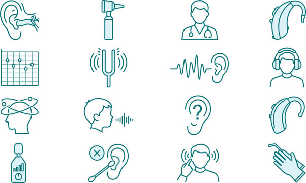 Collection of audiology and hearing care thin line icons including hearing aids otoscope tuning fork audiogram ear anatomy and doctor symbols isolated on white background
