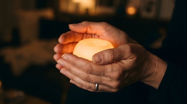 Cupped hands holding a glowing led candle warm light intimate atmosphere