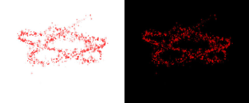 Red glowing particles forming an abstract star shape, sparkling stardust trail on black and white backgrounds, magical cosmic glitter effect