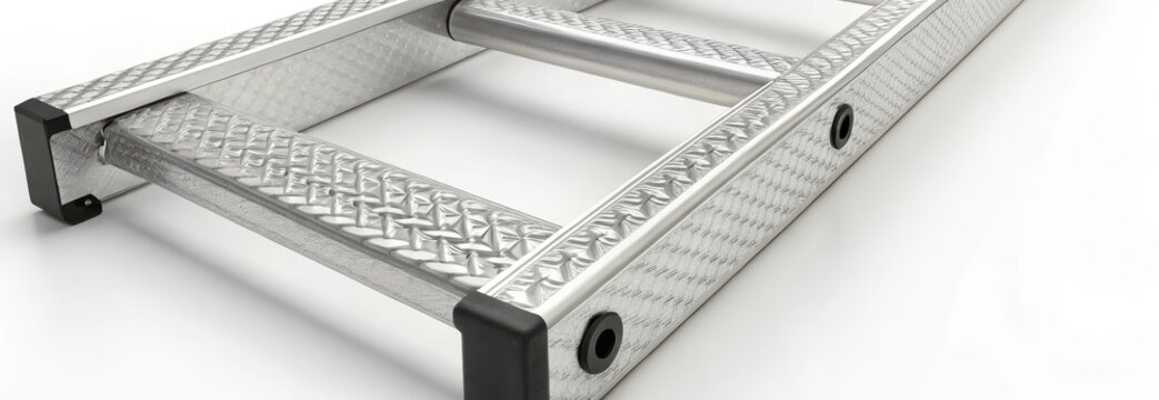 metal ladder's rungs and frame, highlighting its sturdy construction and safety features