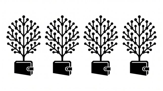 Digital wallet investment concept with circuit trees growing from wallets, black and white technology finance icons, isolated on white background