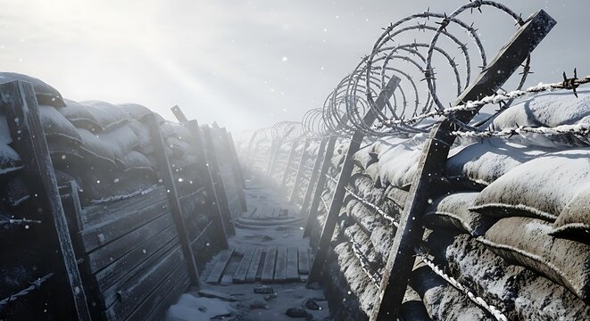 Abandoned military train wrecked in a snowstorm with barbed wire fences and overgrown vegetation.