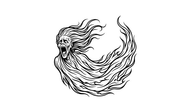 Wailing banshee ghost screaming line art illustration
