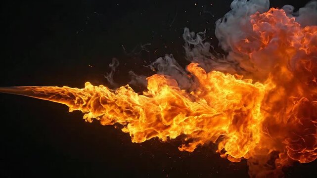 A powerful stream of intense fire erupts against a dark background