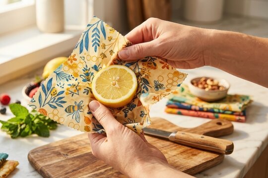 Woman wrapping fresh lemon half in eco friendly reusable beeswax food wrap on wooden cutting board
