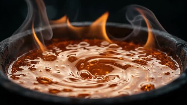 Glowing molten material swirling in a dark crucible with rising flames