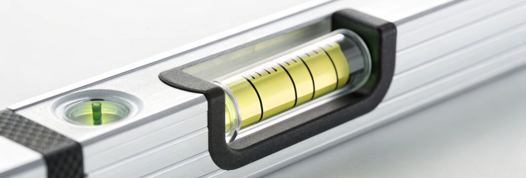 Close-up shot of a spirit level, showcasing the precise bubble indicator for measuring alignment