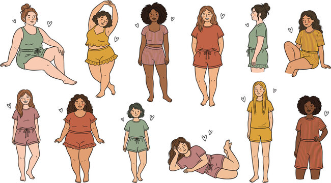 Collection of body positive diverse women wearing comfortable pajamas loungewear and sleepwear sets featuring different body types shapes and ethnicities isolated on white background