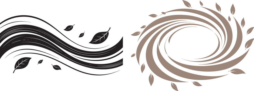 Abstract wind and breeze vector graphics with swirling lines and leaves for nature and environmental design