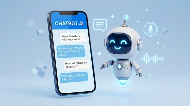 Automated customer support chatbot assistant on smartphone screen with voice interface.