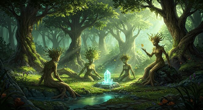 Enchanted Forest Spirits Gather Around Crystal