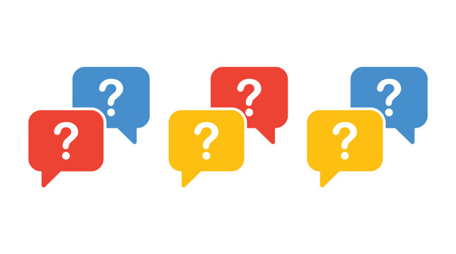Set of colorful speech bubbles with question marks representing communication and frequently asked questions.