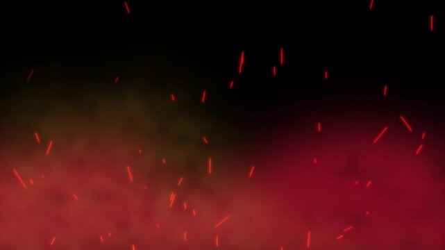 Abstract red and yellow smoke with rising fiery sparks on black background. Glowing red fire sparks flying upward over smoky haze. Floating ember particles and fiery red smoke animation overlay