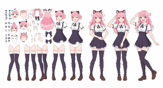Anime girl character design sheet with pink hair and cat ears featuring various poses and modular body parts for animation and illustration