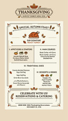 Naklejka premium Thanksgiving Harvest Dinner Menu Poster — Warm Amber Burnt Orange Autumn Feast Holiday Infographic Template 2026