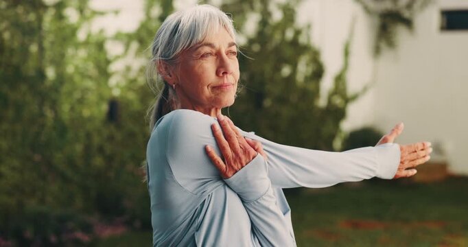 Stretching, thinking and yoga with old woman in backyard of home for fitness, health or wellness. Relax, vision and warm up with senior person outdoor in garden for activity or exercise preparation
