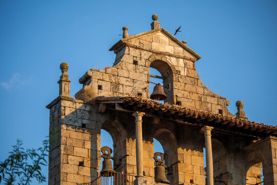 View of the bell tower of the parish church of San Mart&iacute;n in San Mart&iacute;n del Casta&ntilde;ar, Salamanca, Castile and Le&oacute;n.