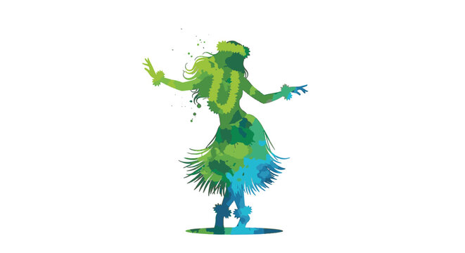 Watercolor silhouette of a Hawaiian hula dancer wearing a grass skirt and floral leis. Artistic green and blue paint splatter illustration isolated on a white background.