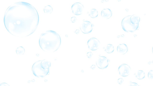 Blue bubbles, transparent orbs, floating spheres, white background