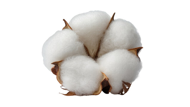 Fluffy white cotton boll with brown sepals, isolated on transparent background