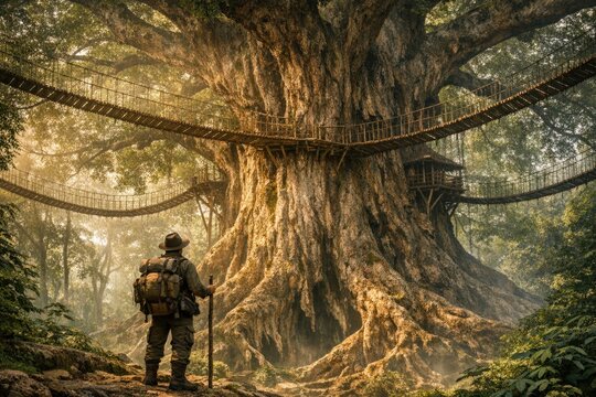 A person standing near a large tree trunk
