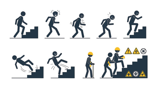 Vector set of stick figure icons depicting various actions on stairs including walking, slipping, falling, and running, alongside construction safety elements and warning symbols.
