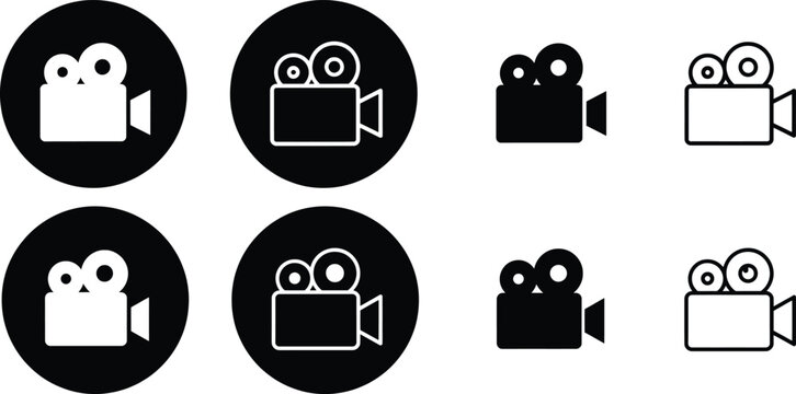 Video camera icon set depicting movie recording and cinematography equipment for digital media works.