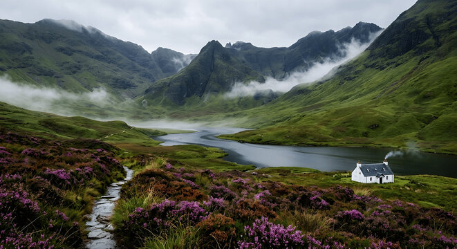 Traditional white cottage in misty Scottish Highlands glen with heather