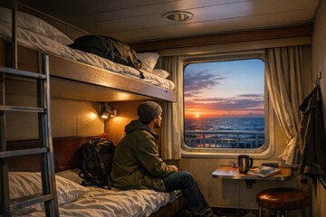 Fototapeta premium A person sitting on a bunk bed, gazing out the window